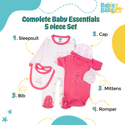 Babiesbasic 5 piece cotton Set include Bib, Romper, Mittens, cap and Sleepsuit- Teddy, 9-12 Months , Red