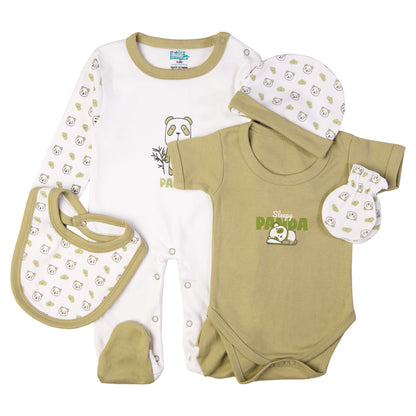 Babiesbasic 5 piece cotton Set include Bib, Romper, Mittens, cap and Sleepsuit- Sleepy Panda, 9-12 Months , Green