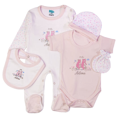 Babiesbasic 5 piece cotton Set include Bib, Romper, Mittens, cap and Sleepsuit- Hello Autumn, 3-6 Months , Pink