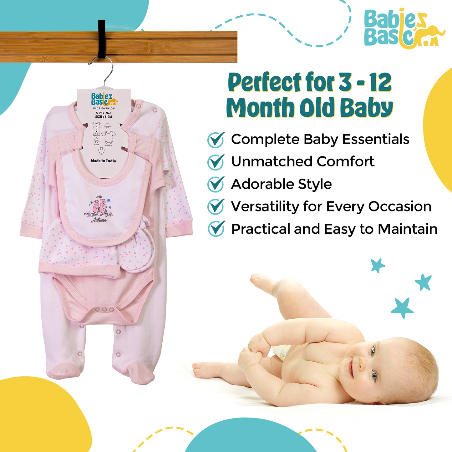 Babiesbasic 5 piece cotton Set include Bib, Romper, Mittens, cap and Sleepsuit- Hello Autumn, 3-6 Months , Pink