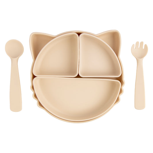 BabiesBasic Feeding Set with removable sections , 3 Piece Cat Set with Silicone Plate, Spoon and Fork - Cream