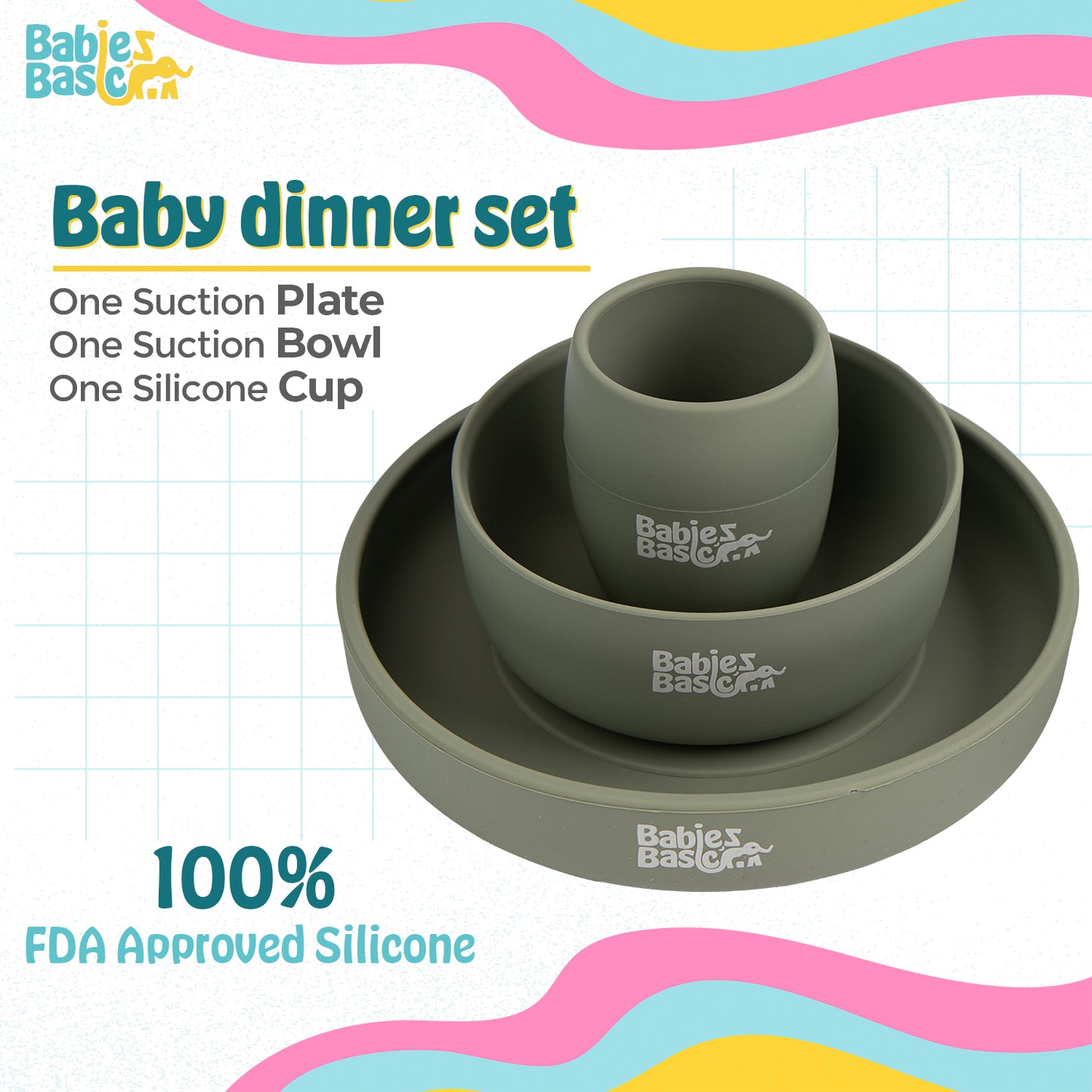 BabiesBasic 5 pc Set with silicone plate, bowl, cup and stainless steel cutlery with case - Green