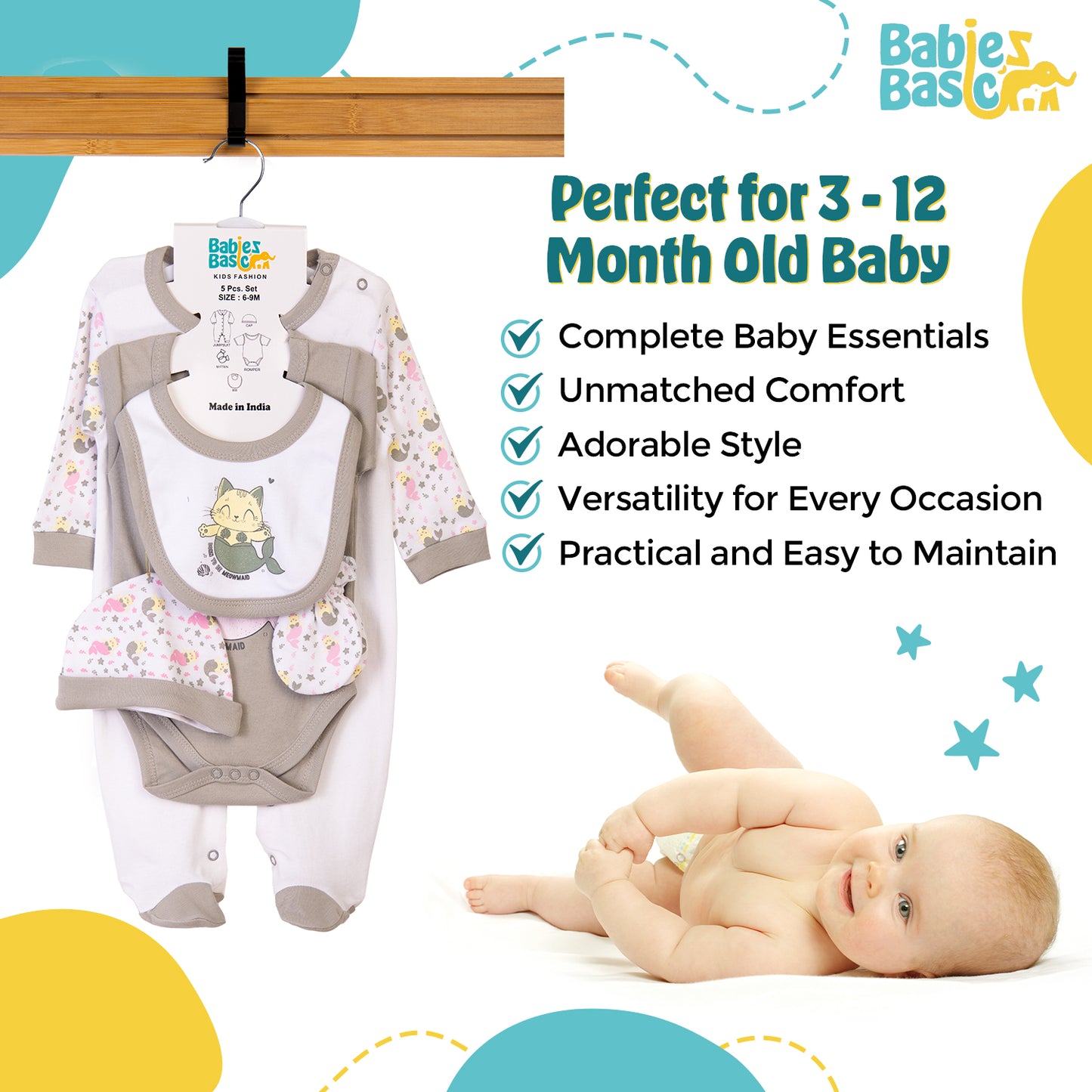 Babiesbasic 5 piece cotton Set include Bib, Romper, Mittens, cap and Sleepsuit- Meowmaid, 6-9 Months , Grey