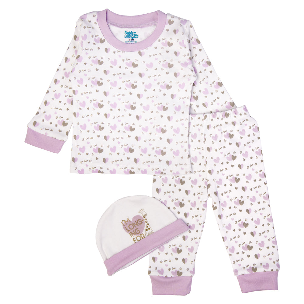 BabiesBasic 7 piece cotton Set include bib, blanket, mitten, cap, romper, top and bottom set, 9-12 Months , Purple