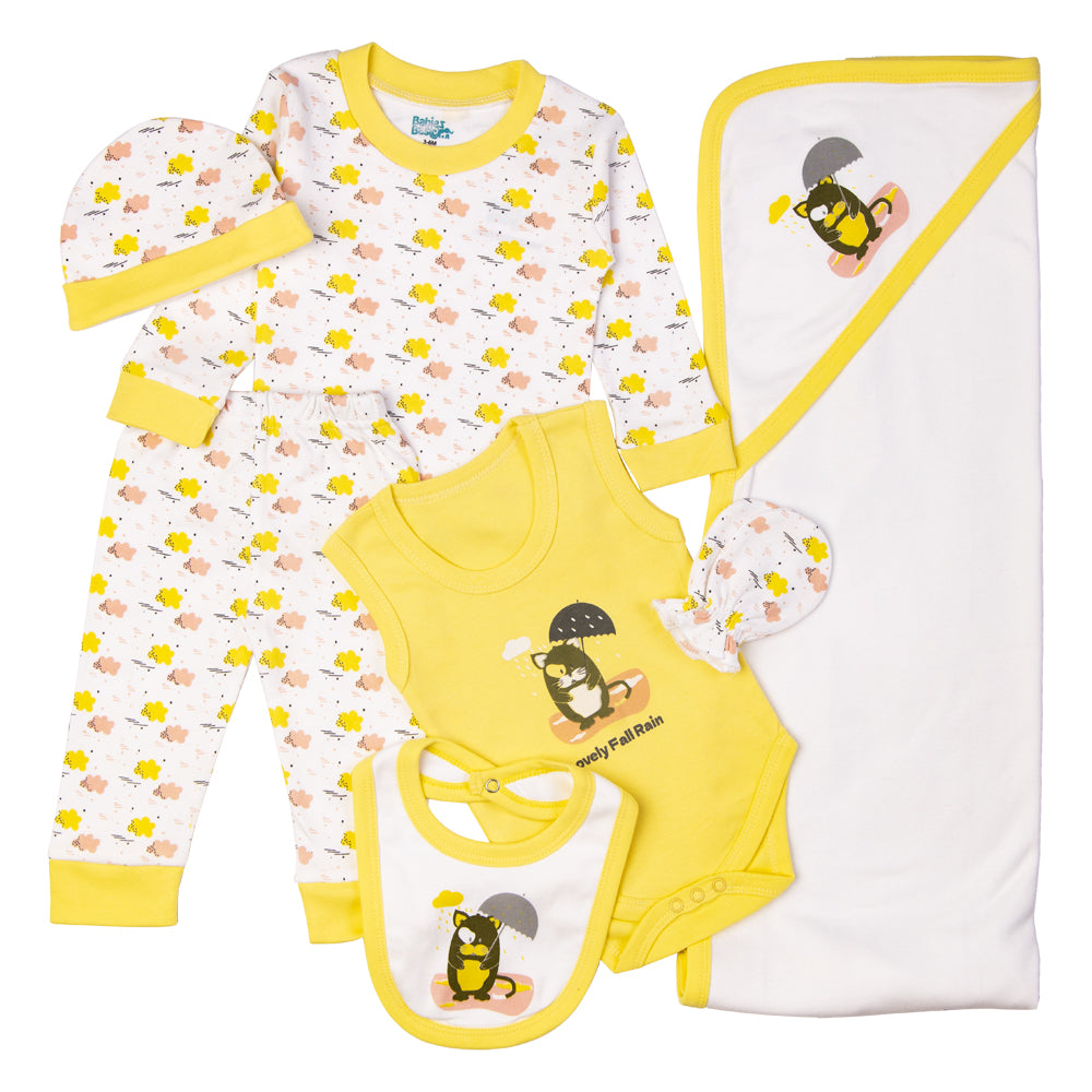 BabiesBasic 7 piece cotton Set include bib, blanket, mitten, cap, romper, top and bottom set, 9-12 Months , Yellow