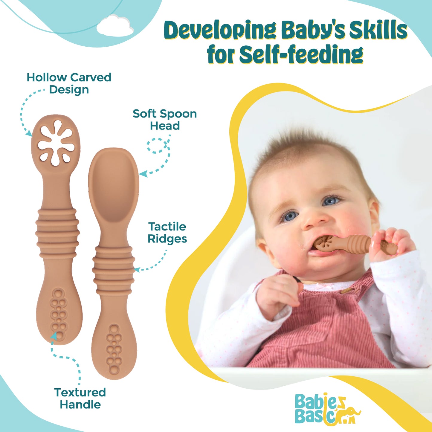 BabiesBasic Soft Tip BPA Free Silicone First Stage Training Spoon with Masher- Brown