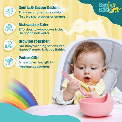 BabiesBasic Feeding Set, 6 Piece, Silicone Plate, Bowl, Bib, Spoon , Fork and  2 in 1 Cup - Pink