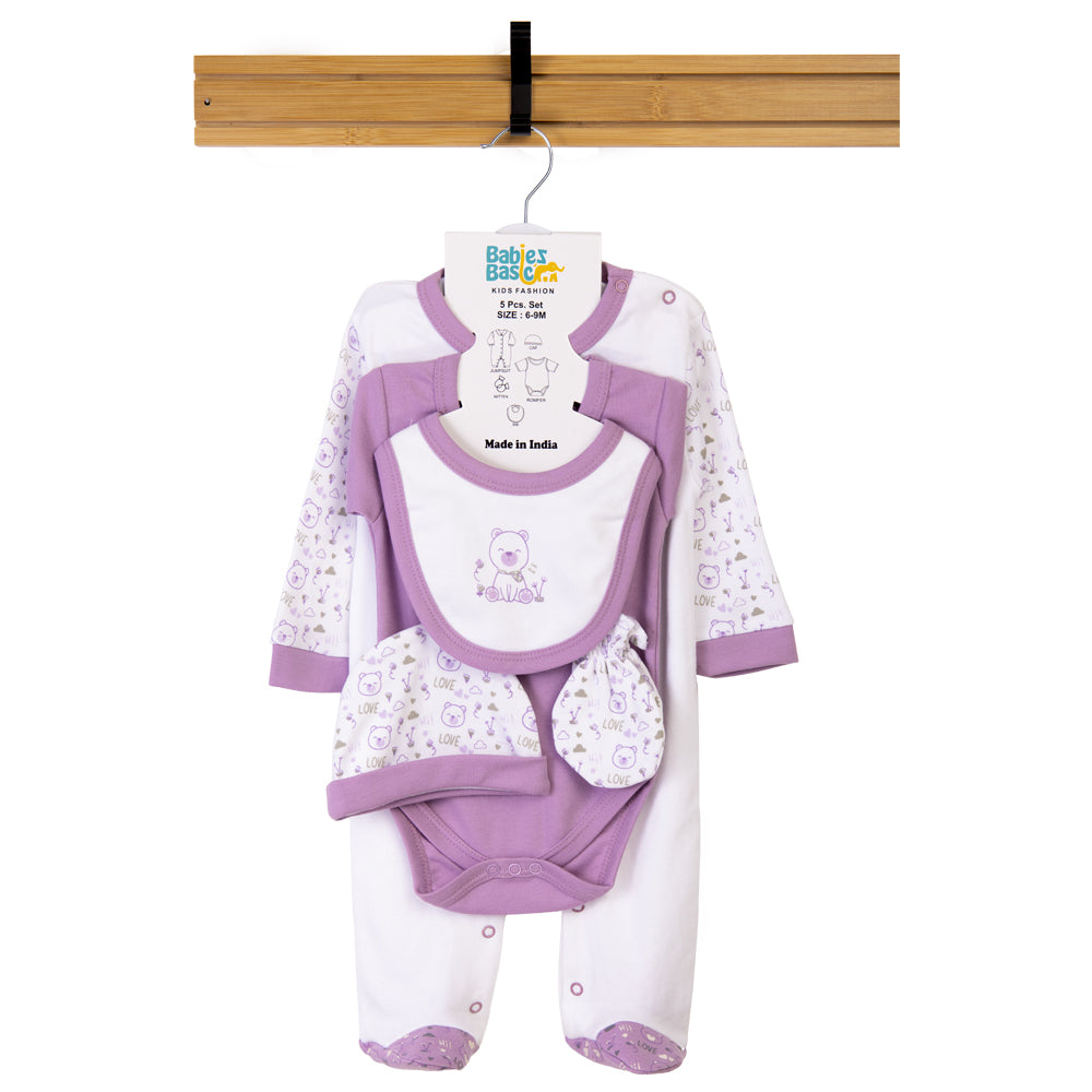 Babiesbasic 5 piece cotton Set include Bib, Romper, Mittens, cap and Sleepsuit- Teddy, 3-6 Months , Dark Mouve