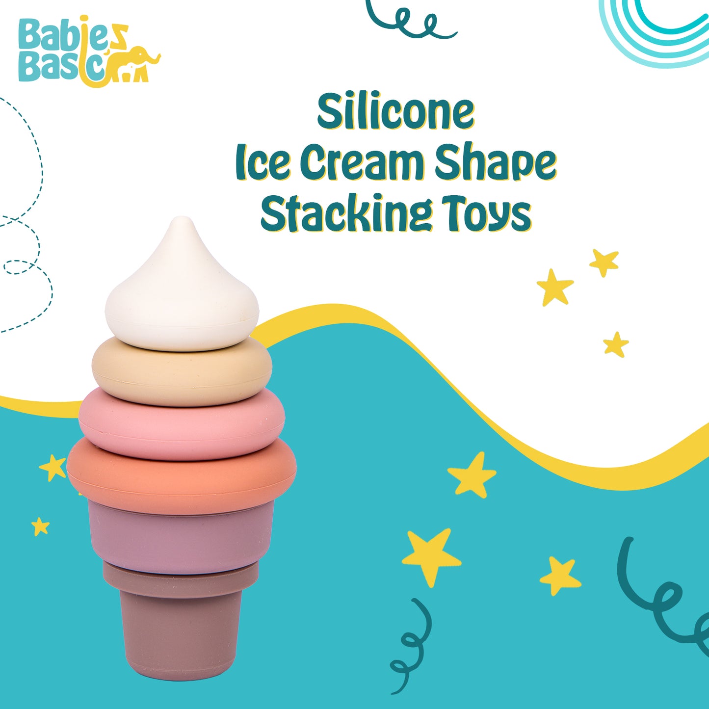 Babies Basic Silicone Stacking Toy for Babies/Kids, Ice Cream Shape, BPA Free 100% Safe - Ice Cream