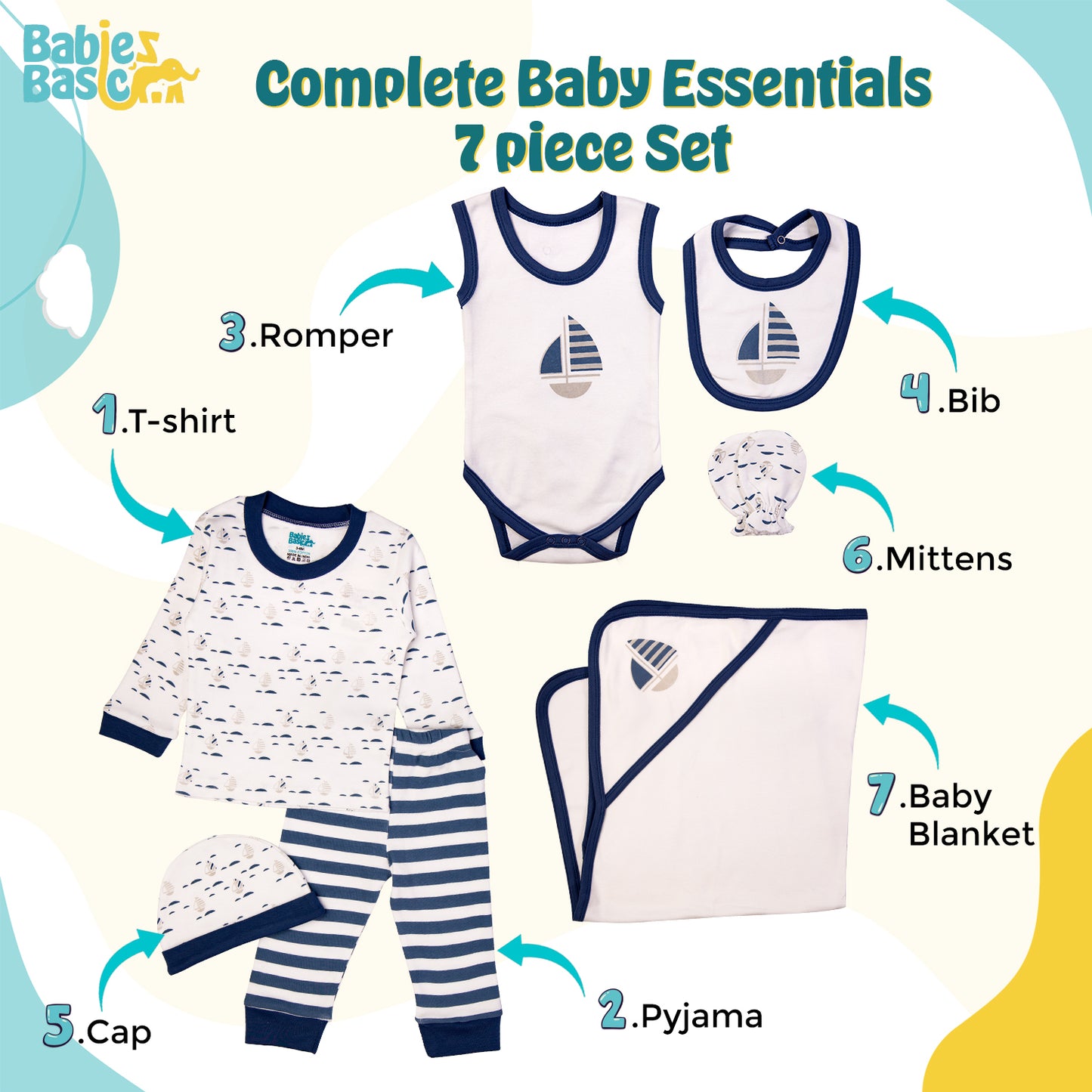 BabiesBasic 7 piece unisex 100% cotton Gift Set include bib, blanket, mitten, cap, romper, top and bottom set, 6-9 Months , Blue