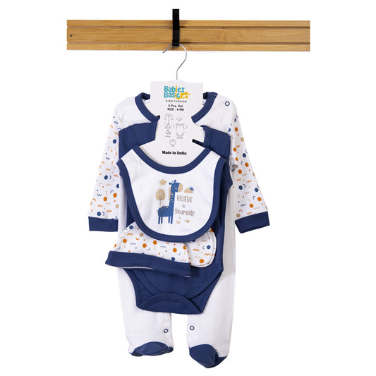 Babiesbasic 5 piece cotton Set include Bib, Romper, Mittens, cap and Sleepsuit- Believe in Yourself, 9-12 Months , Blue