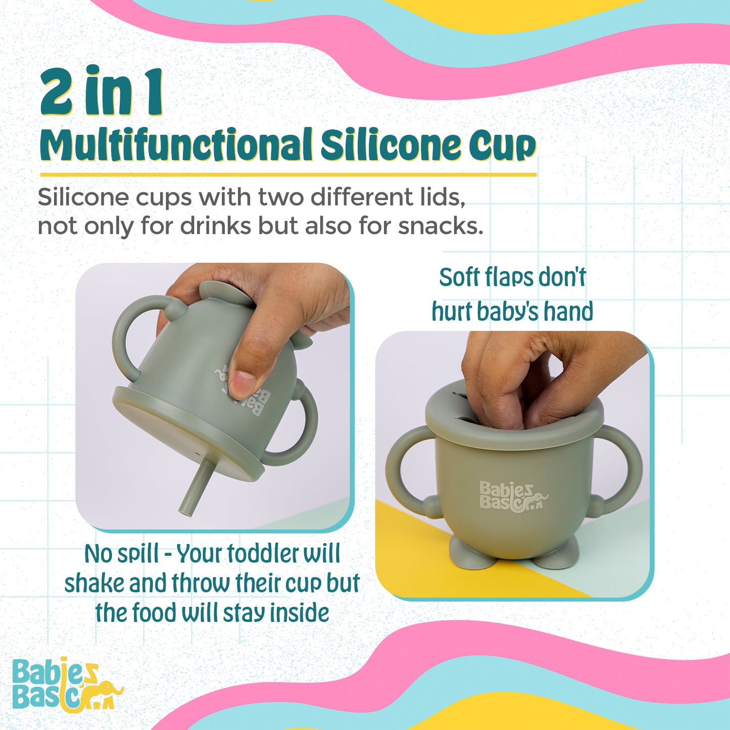 BabiesBasic Multi Purpose 2 in 1 Silicone Cup with Straw or a Snack Lid - Green