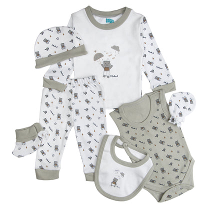 BabiesBasic 7 piece unisex 100% cotton Set include bib, socks, mitten, cap, romper, top and bottom set, 3-6 Months , Green