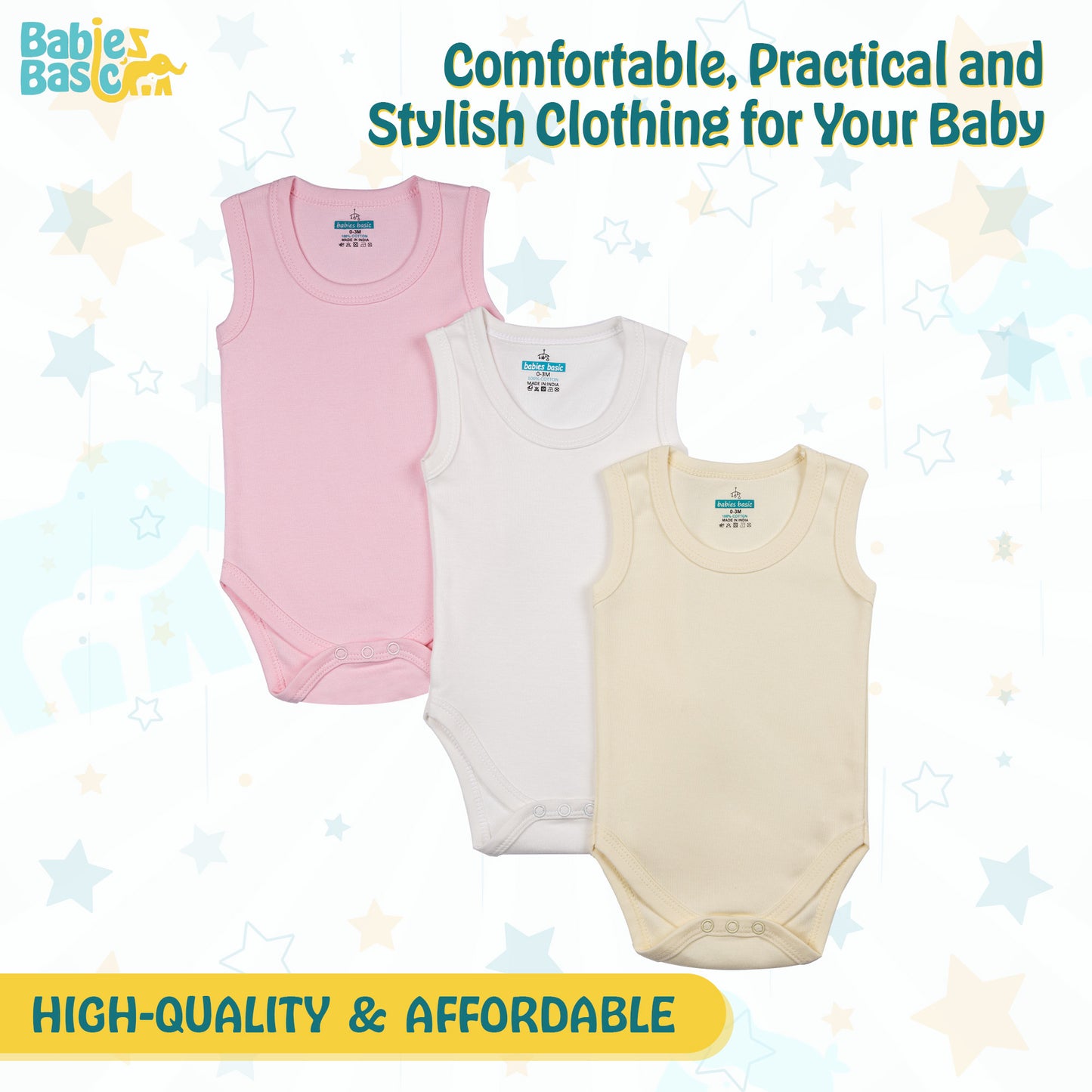 BabiesBasic 100% Super Combed Cotton, Sleeveless Romper/Bodysuit, Set of 3 - Pink, Lemon, Cream, 12-18 Months