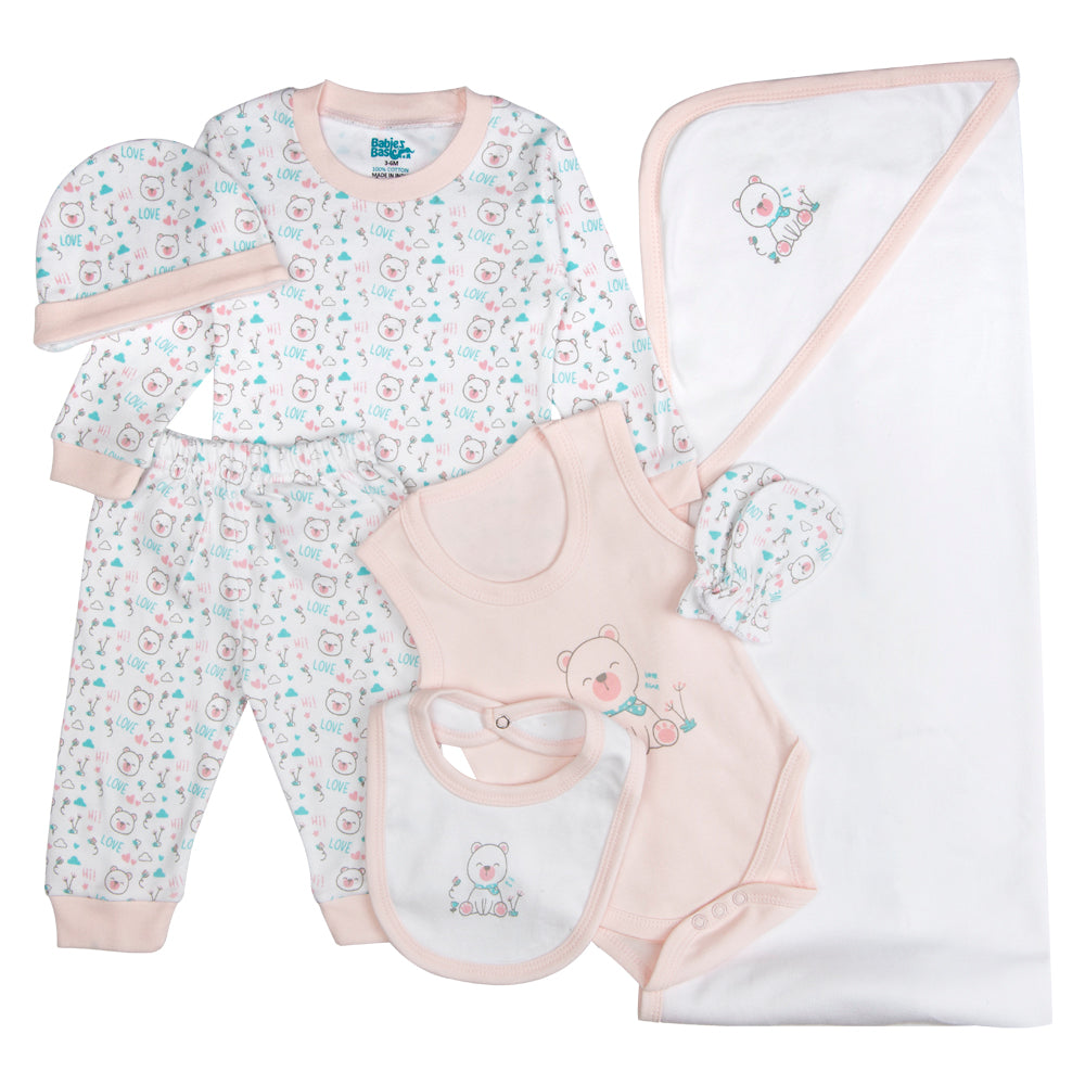 BabiesBasic 7 piece unisex 100% cotton Gift Set include bib, blanket, mitten, cap, romper, top and bottom set, 3-6 Months , Pink