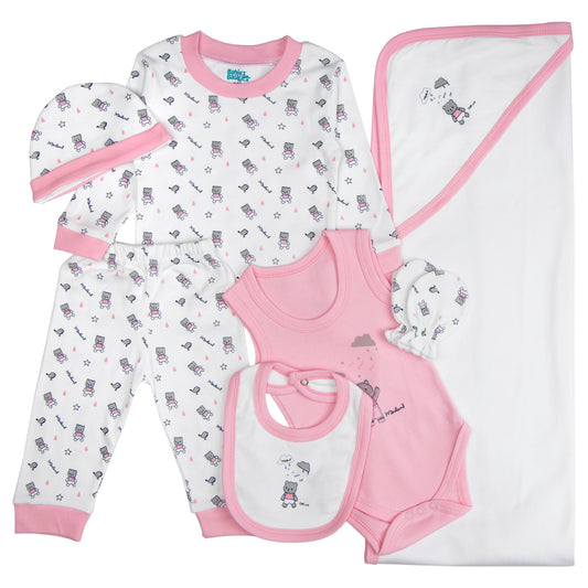 BabiesBasic 7 piece unisex 100% cotton Gift Set include bib, blanket, mitten, cap, romper, top and bottom set, 9-12 Months , Pink