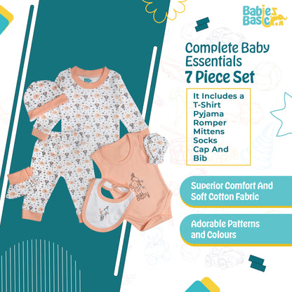 BabiesBasic 7 piece unisex 100% cotton Set include bib, socks, mitten, cap, romper, top and bottom set, 3-6 Months , Peach