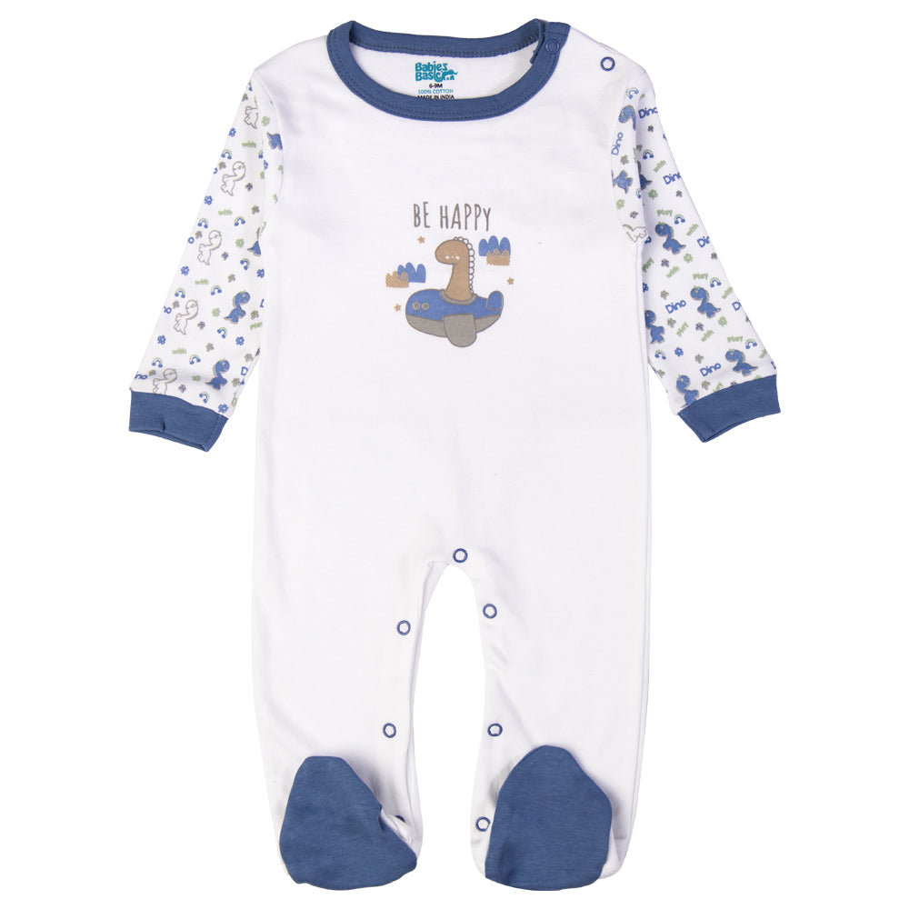 Babiesbasic 5 piece cotton Set include Bib, Romper, Mittens, cap and Sleepsuit- Be Happy, 9-12 Months , Blue