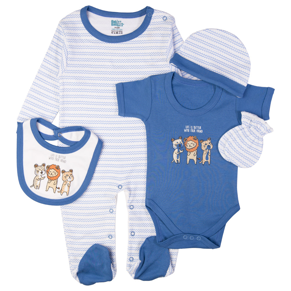 Babiesbasic 5 piece cotton Set include Bib, Romper, Mittens, cap and Sleepsuit- Life is Better, 6-9 Months , Blue