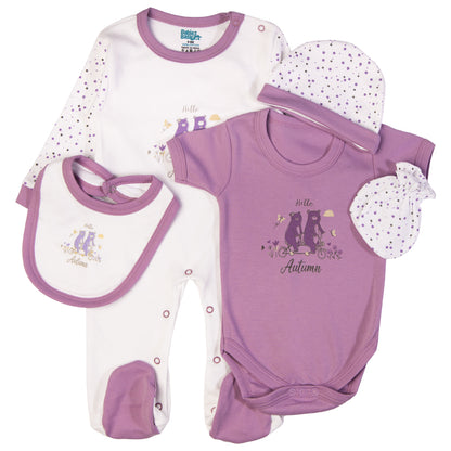 Babiesbasic 5 piece cotton Set include Bib, Romper, Mittens, cap and Sleepsuit- Hello Autumn, 6-9 Months , Dark Mouve