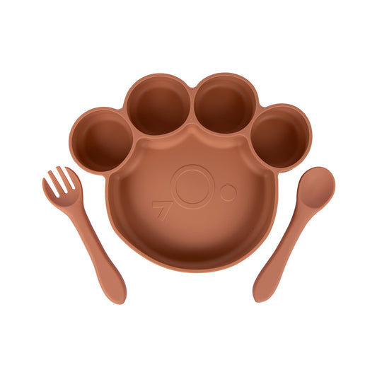 BabiesBasic Feeding Set, 3 Piece, Silicone Feeding Paw Set with Silicone Suction Plate, Spoon and Fork - Brown