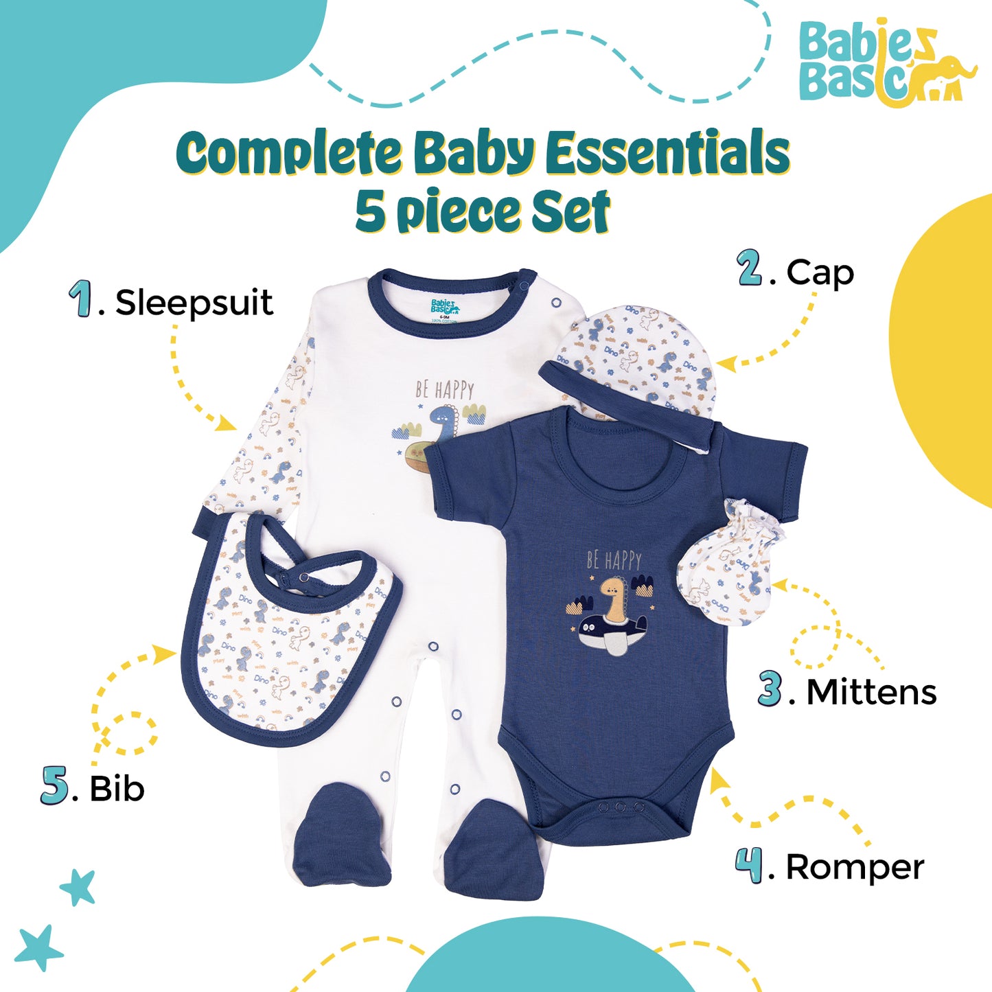 Babiesbasic 5 piece cotton Set include Bib, Romper, Mittens, cap and Sleepsuit- Be Happy, 9-12 Months , Blue