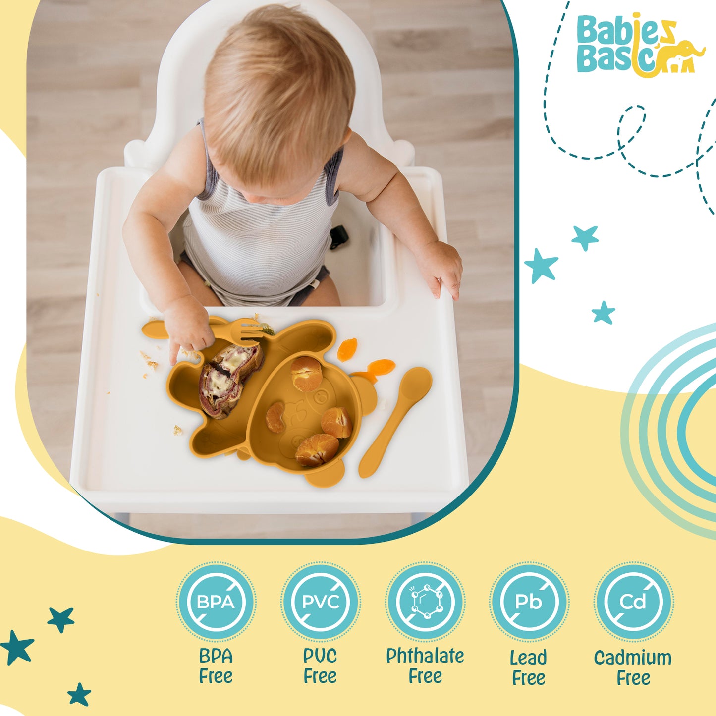 BabiesBasic Feeding Set, 3 Piece, Silicone Feeding Panda Set with Silicone Suction Plate, Spoon and Fork - Yellow