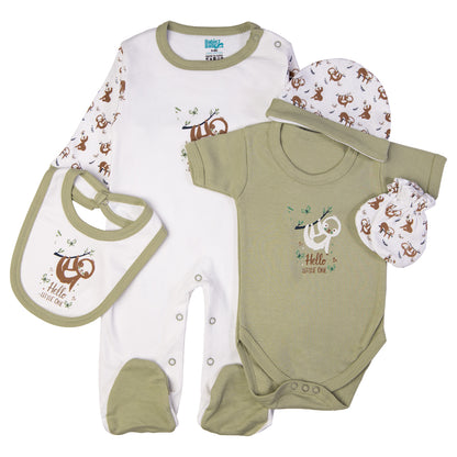 Babiesbasic 5 piece cotton Set include Bib, Romper, Mittens, cap and Sleepsuit- Hello Little One, 9-12 Months , Green