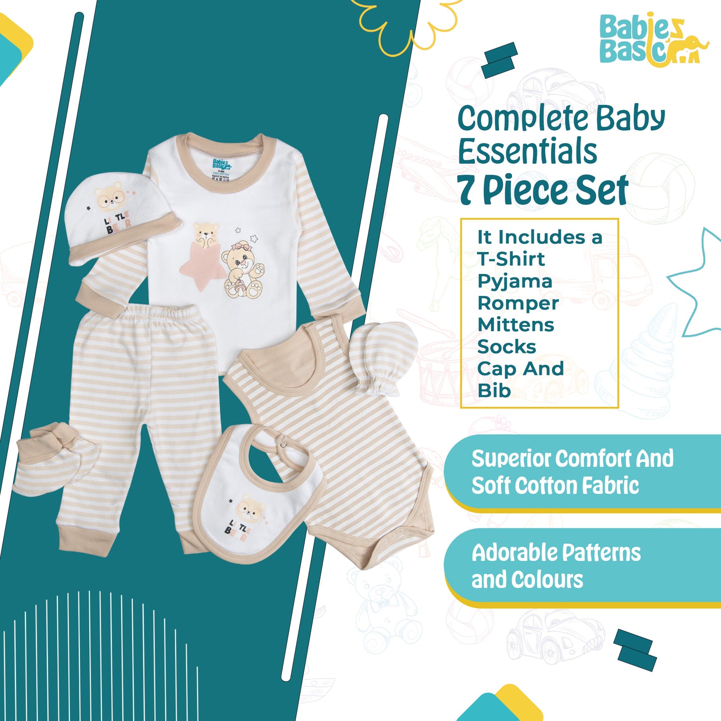 BabiesBasic 7 piece unisex 100% cotton Set include bib, socks, mitten, cap, romper, top and bottom set, 6-9 Months , Brown