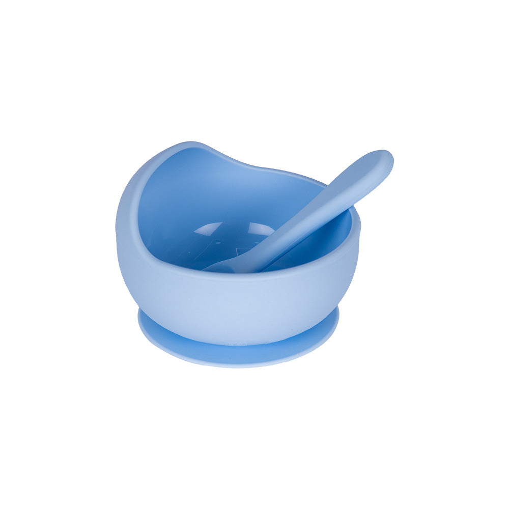 BabiesBasic Feeding Set, 2 Piece Silicone Set with Silicone Suction Bowl and Silicone Spoon - Blue