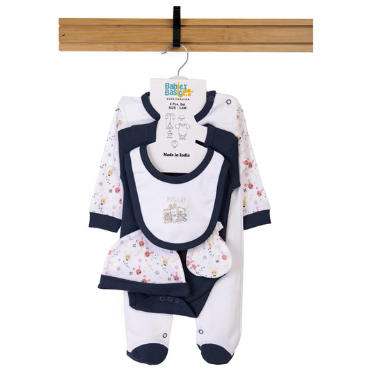 Babiesbasic 5 piece cotton Set include Bib, Romper, Mittens, cap and Sleepsuit- Hug Day, 9-12 Months , Blue