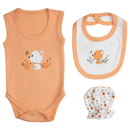 BabiesBasic 7 piece unisex 100% cotton Set include bib, socks, mitten, cap, romper, top and bottom set, 3-6 Months , Peach