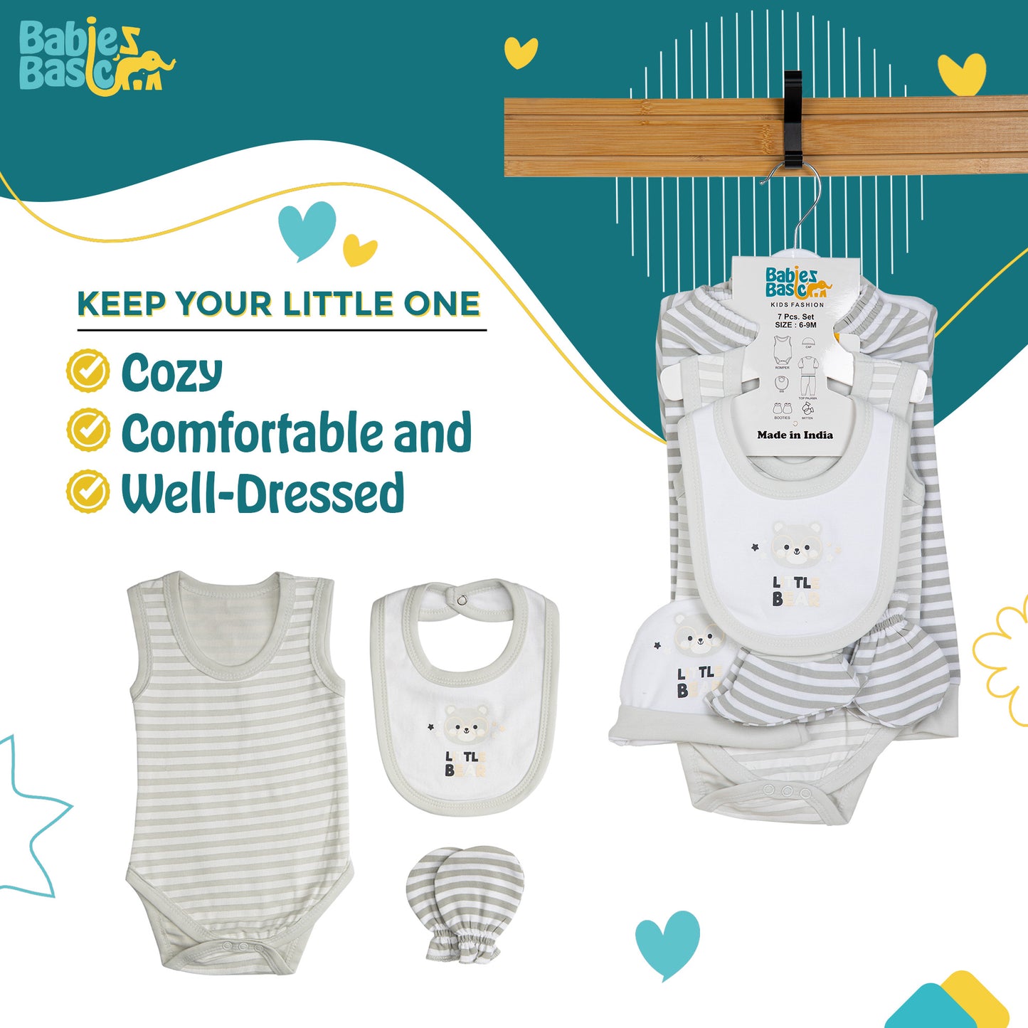 BabiesBasic 7 piece unisex 100% cotton Set include bib, socks, mitten, cap, romper, top and bottom set, 6-9 Months , Grey