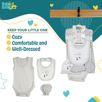 BabiesBasic 7 piece unisex 100% cotton Set include bib, socks, mitten, cap, romper, top and bottom set, 6-9 Months , Grey