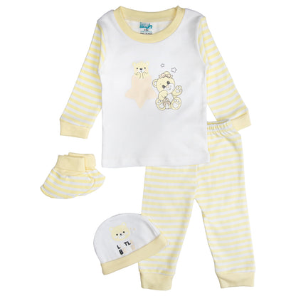 BabiesBasic 7 piece unisex 100% cotton Set include bib, socks, mitten, cap, romper, top and bottom set, 9-12 Months , Yellow