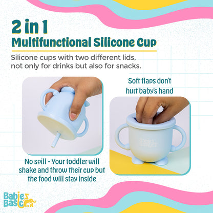 BabiesBasic Multi Purpose 2 in 1 Silicone Cup with Straw or a Snack Lid - Blue