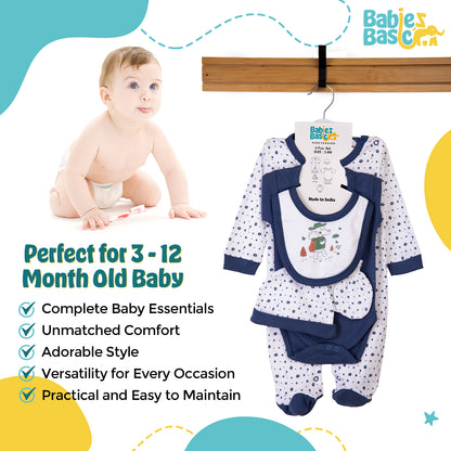 Babiesbasic 5 piece cotton Set include Bib, Romper, Mittens, cap and Sleepsuit- Be Brave, 3-6 Months , Blue