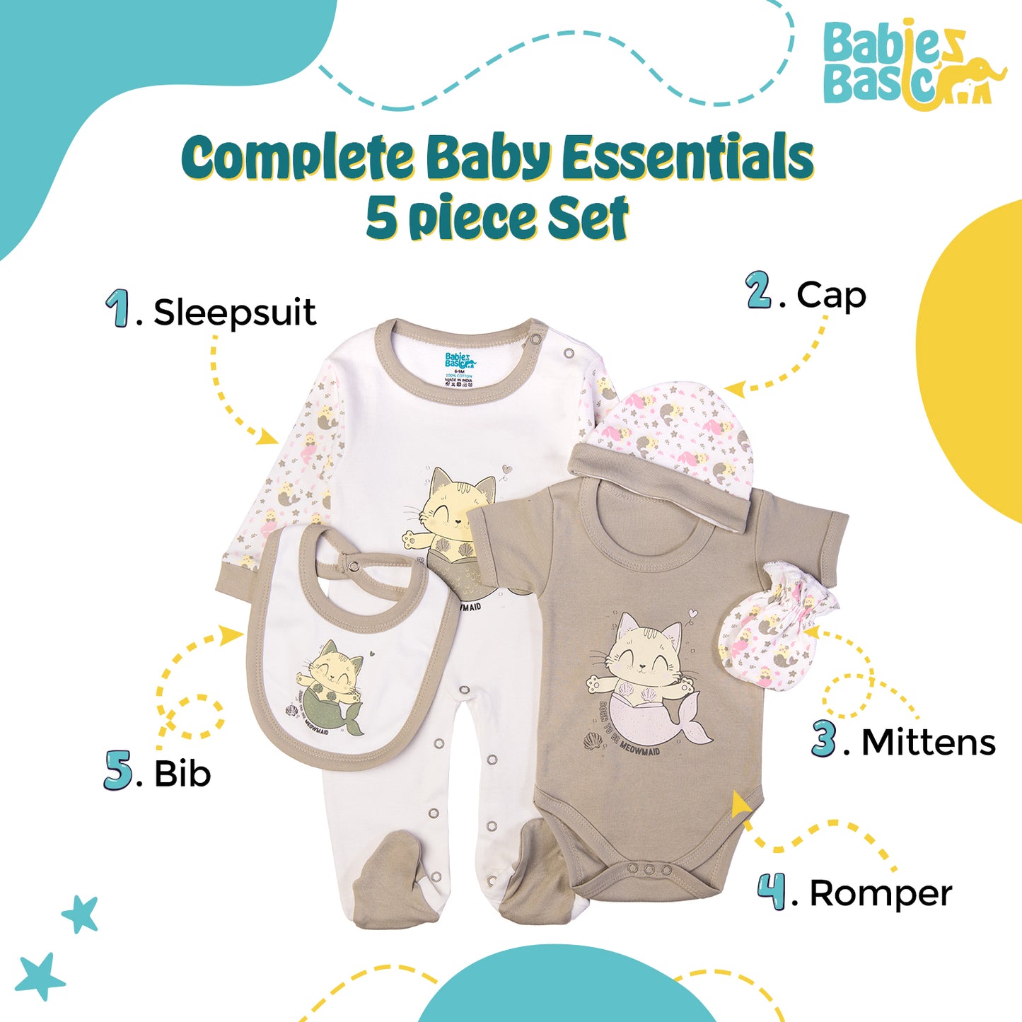 Babiesbasic 5 piece cotton Set include Bib, Romper, Mittens, cap and Sleepsuit- Meowmaid, 9-12 Months , Grey