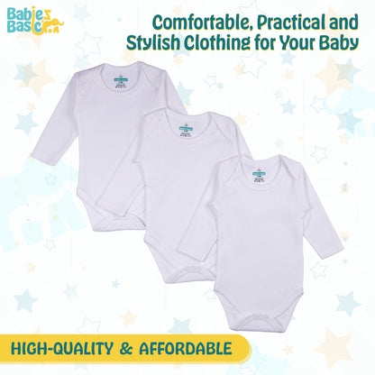 BabiesBasic 100% Super Combed Cotton, Long Sleeves Romper/Bodysuit, for New Born to 24months. Set of 3 - White, 12-18 Months