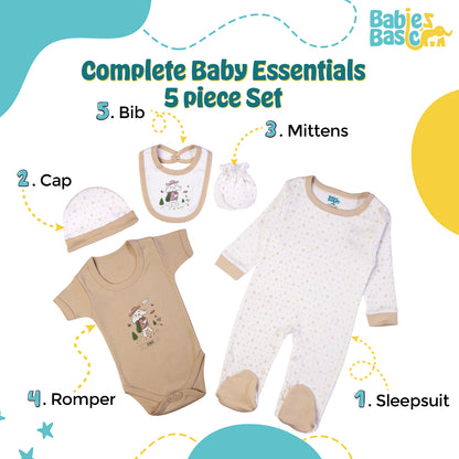 Babiesbasic 5 piece cotton Set include Bib, Romper, Mittens, cap and Sleepsuit- Be Brave, 3-6 Months , Beige