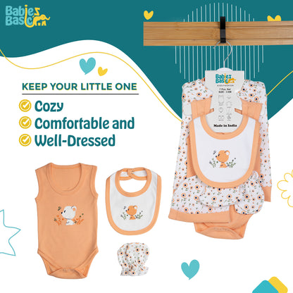 BabiesBasic 7 piece unisex 100% cotton Set include bib, socks, mitten, cap, romper, top and bottom set, 6-9 Months , Peach