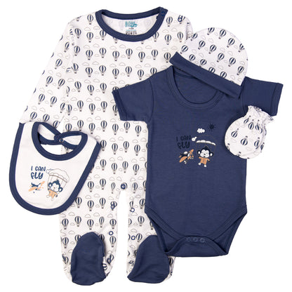 Babiesbasic 5 piece cotton Set include Bib, Romper, Mittens, cap and Sleepsuit- I can Fly, 3-6 Months , Blue