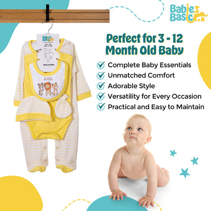 Babiesbasic 5 piece cotton Set include Bib, Romper, Mittens, cap and Sleepsuit- Life is Better, 3-6 Months , Yellow