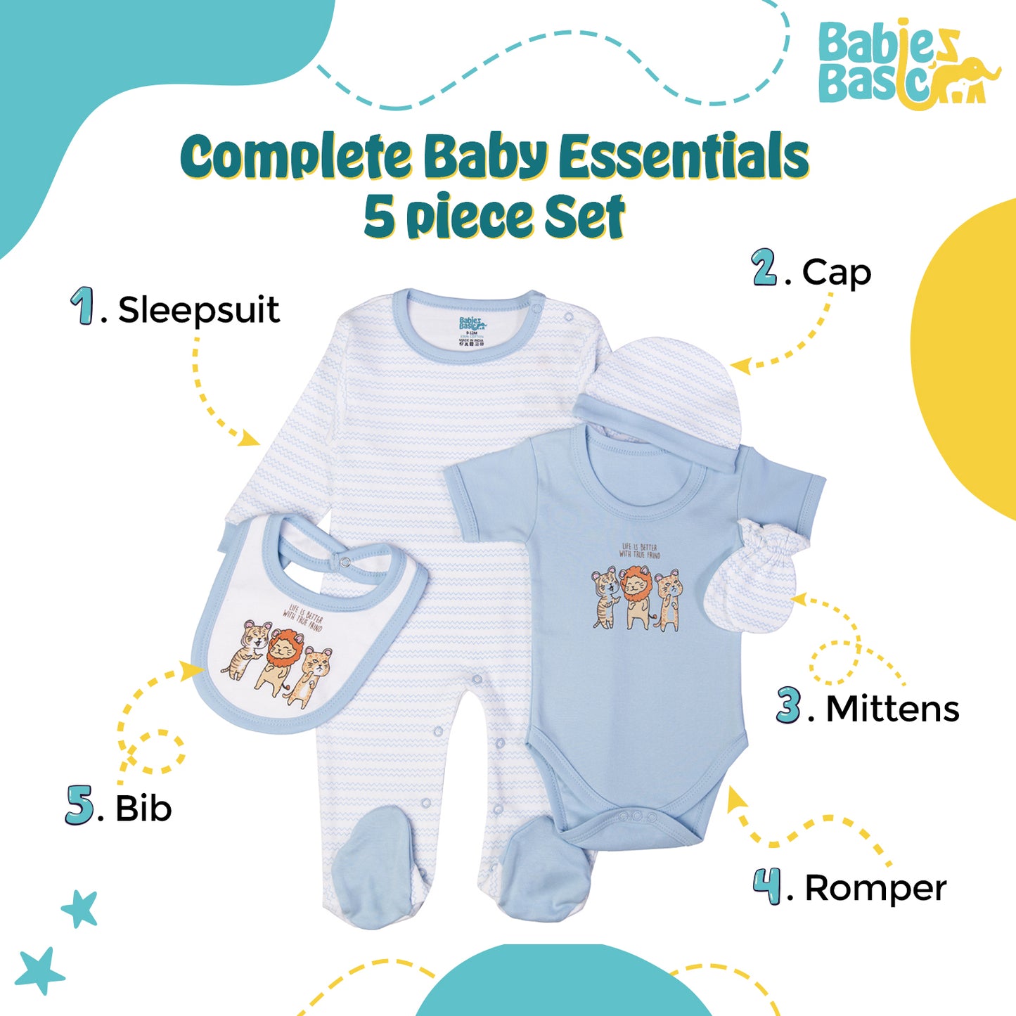 Babiesbasic 5 piece cotton Set include Bib, Romper, Mittens, cap and Sleepsuit- Life is Better, 9-12 Months , Blue