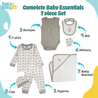 BabiesBasic 7 piece unisex 100% cotton Gift Set include bib, blanket, mitten, cap, romper, top and bottom set, 9-12 Months , Grey