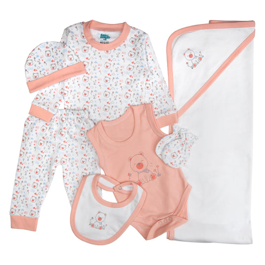 BabiesBasic 7 piece unisex 100% cotton Gift Set include bib, blanket, mitten, cap, romper, top and bottom set, 3-6 Months , Pink