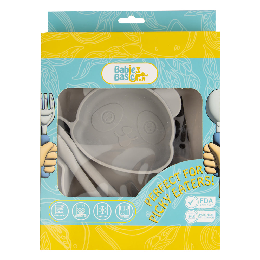 BabiesBasic Feeding Set, 3 Piece, Silicone Feeding Panda Set with Silicone Suction Plate, Spoon and Fork - Grey