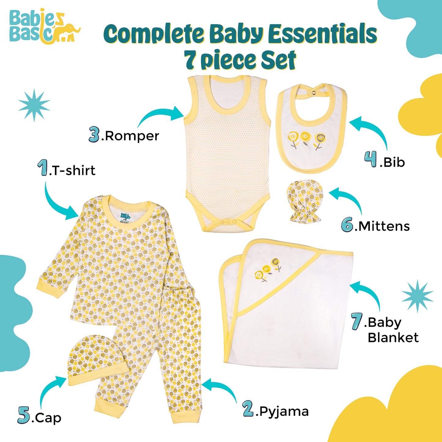 BabiesBasic 7 piece cotton Set include bib, blanket, mitten, cap, romper, top and bottom set, 6-9 Months , Yellow