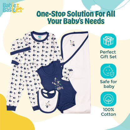 BabiesBasic 7 piece unisex 100% cotton Gift Set include bib, blanket, mitten, cap, romper, top and bottom set, 9-12 Months , Blue