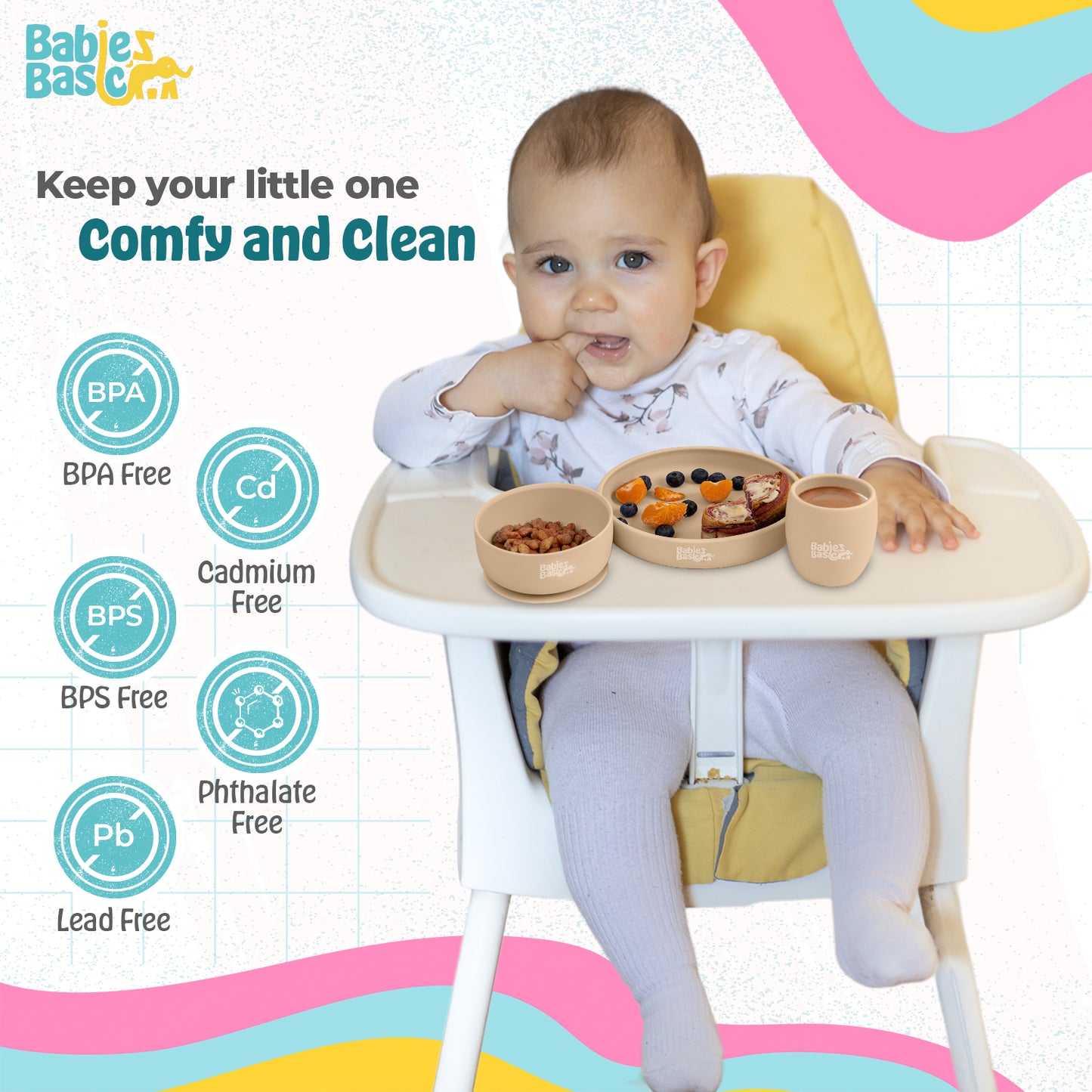 BabiesBasic 5 pc Set with silicone plate, bowl, cup and stainless steel cutlery with case - Beige